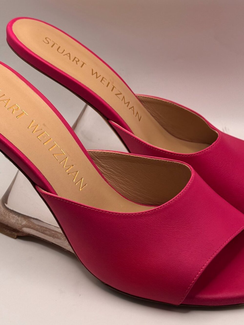 Stuart Weitzman Pink Leather Vinnie Clear Lucite Wedge Mule Slides